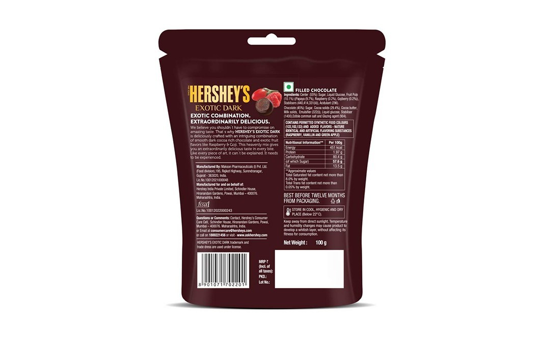 Hershey's Exotic Dark Raspberry & Goji Flavored Center Chocolate   Pack  100 grams